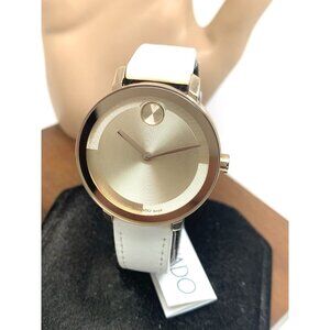 Movado Women's Watch 3601101 Bold Swiss Quartz Rose Gold White Leather Band 34mm